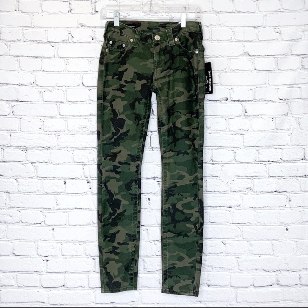 New True Religion Halle Mid Rise Super Skinny Camo Jeans Stretch Size 25